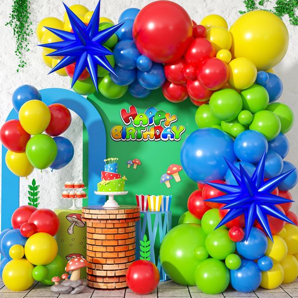 Red Blue Yellow Green Balloon Arch Kit, Carnival Circus Balloon Garland Kit with Star Foil Balloons Blue Yellow Green Balloons Party Supplies for Birthday Party Carnival Party Video Game Party