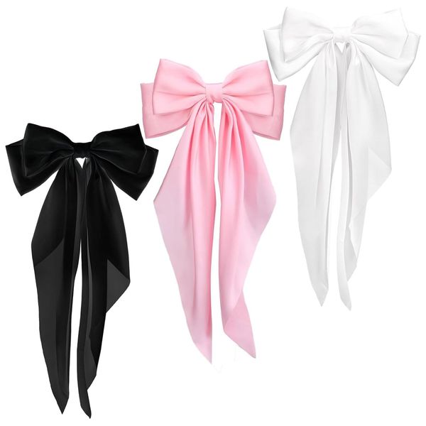 RSYHVG Silky Satin Hair Bows for Women, 3 PCS Big Black Bow White Bow Pink Bow Bowknot Metal Spring Clip Oversized Long Tail Hair Ribbons Ponytail Holder French Barrettes Hair Accessories