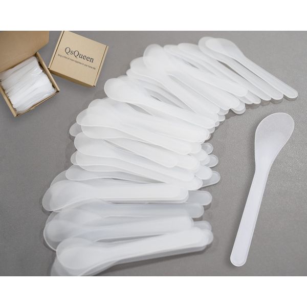 QsQueen 100 PCS of White Color Cosmetic Spatula for Makeup Face Mask Plastic Spoon Disposable Makeup Tools for Mixing and Sampling 4.88'' x 1.06”/Spatulas Skin Care Facial Cream Mask Spatula