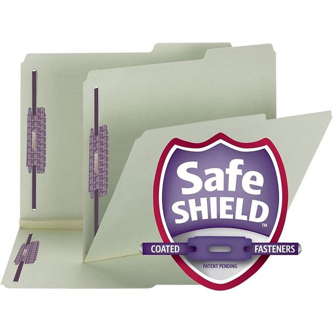 Smead Pressboard Fastener File Folder with SafeSHIELD Fasteners, 2 Fasteners, 2/5-Cut Tab Right of Center Position, Guide Height, 1" Expansion, Letter Size, Gray/Green, 25 per Box (14980)