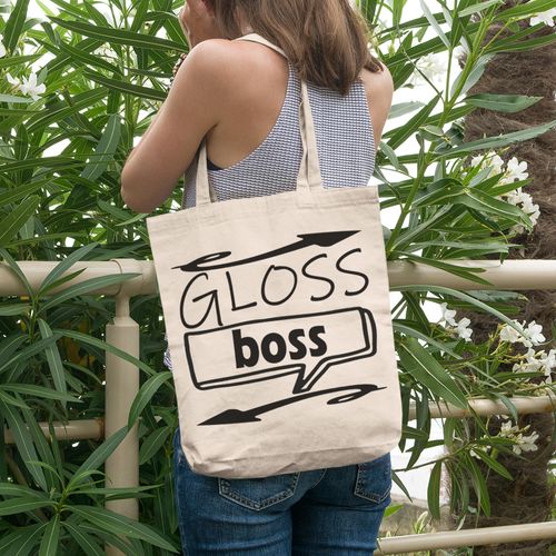 12oz Canvas Tote Bag - Gloss Boss, Lip Gloss Collector or Enthusiast Quote - Beauty Themed Merch for Makeup Artist or Cosmetologist, Gift for Makeup Lovers & Beauticians