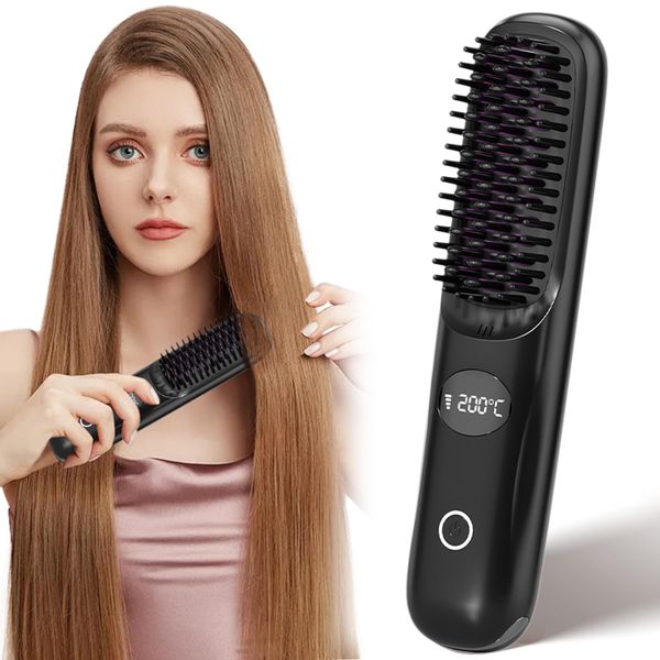 Cordless Hair Straightener Brush, Mini Portable Straightening Brush for Travel, Fast Heated Ceramic & Anti-Scald Design, Three Temperature Adjustments, LCD Display, USB Rechargeable(Black)