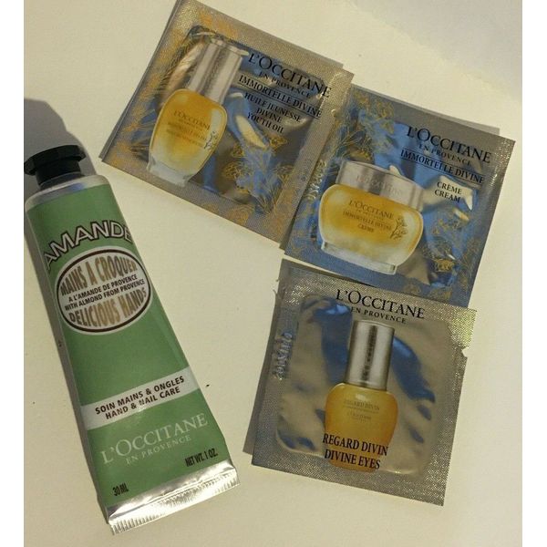 New L'Occitane Almond Delicious Hands Hand & Nail Care 1oz / 30ml + 3 Samples