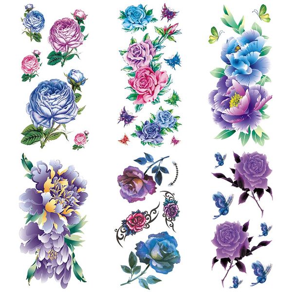 Yesallwas Tattoo Stickers, Roses, Purple, Blue, Pink, Black, Blue, Flower, Set of 6, Tattoo Stickers, Rose, Stylish, Waterproof, Long Lasting, Arms, Legs, Chest, Women, Women's Tattoo Stickers, Body Stickers, Purple Blue, Rose tattoos Sticker, 3.5 x 7.5 i