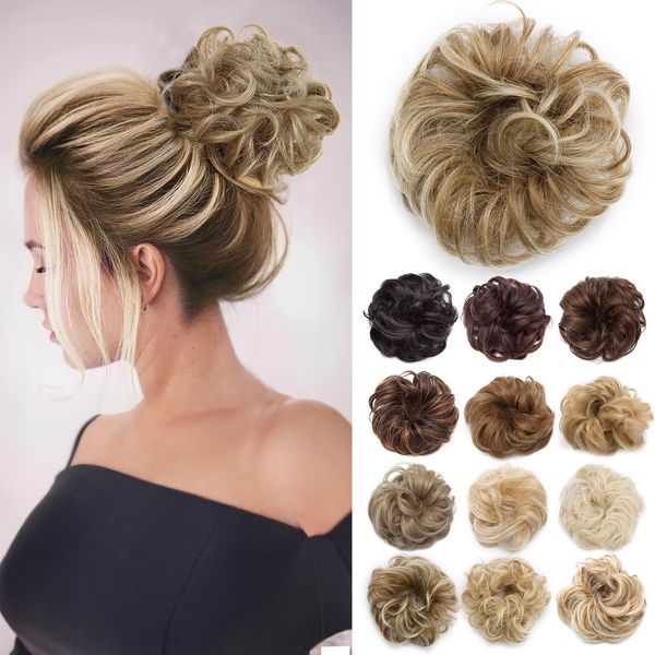 Benehair Messy Bun Hair Piece Scrunchy Updo Hair Pieces for Women Fluffy Wavy Hair Bun Scrunchies Donut Hairpiece Synthetic Chignons With Elastic Rubber Band Light Ash Brown to Bleach Blonde 1pc 25g