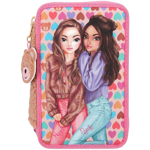 Depesche 11229 TOPModel Filled 3-Compartment Bag in Teddy Cool Design Pink Feather Folder Approx. 7.5 x 13 x 20 cm Includes Felt and Colouring Pencils, Ruler, Scissors, Glue, etc. Pink