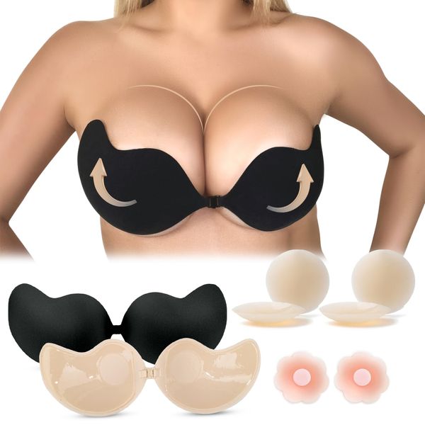 SUWAIS FASHION Self-Adhesive Bra - Sticky Bra, Backless & Reusable - Silicone Adhesive Bra - Sticky Push-Up Bra - Sticky Padded Bra - 2 Pairs (Black & Biege)