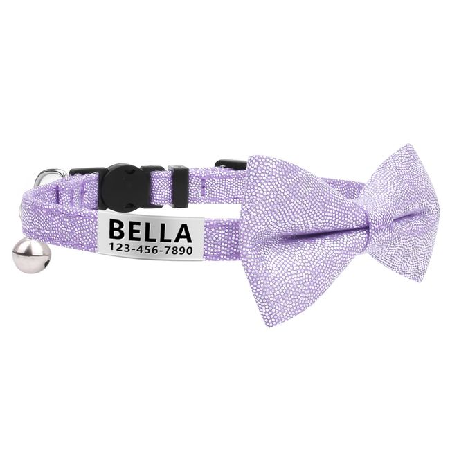 LaReine Personalized Breakaway Cat Collar with Bell & Bow Tie, Stainless Steel Slide-on Pet ID Tag Engraved with Name & Phone Numbers, (Customized - 7"-11" Neck, Bling Purple)