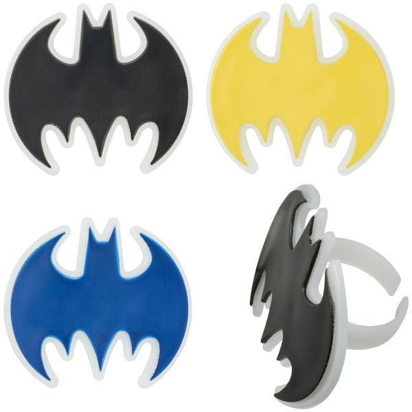 DecoPac Batman Dark Knight Rings, Glow In The Dark Batman Cupcake Decorations, Bat Signal Cake Toppers in Black, Yellow, Blue - 24 Pack