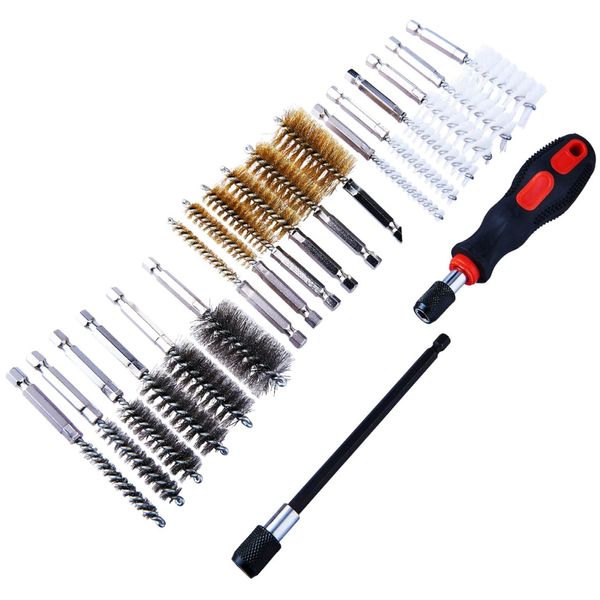 20 Pcs Wire Brush Cleaning Kit Remove Rust Brass Steel Nylon Hex Drill Bit Pipe DIY Professional Plumber Workshop Garage Brushes Clean Surface UK FREE P&P