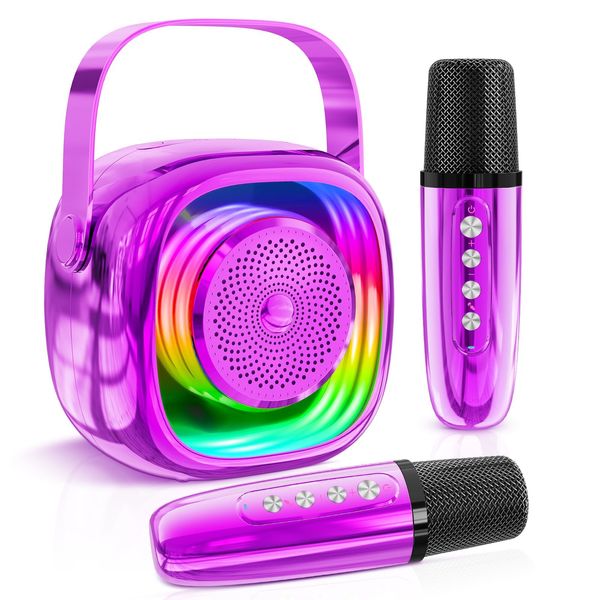 JYPS Mini Karaoke Machine for Kids - Portable Bluetooth Speaker with 2 Wireless Microphones, for Girls Boys Ages 3 4 5 6 7 8 9 10 11 12+, Family Party Toy (Purple-2Mic)