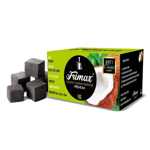 Fumax Premium Hookah Charcoal Coals. Charcoal briquette, Low Ash, No Odor, High Heat, Chemical Free Non-Quick-Light Charcoal. Coals are 100% Natural, Made of Coconut Shells. Pack with 72 Cubes 25mm