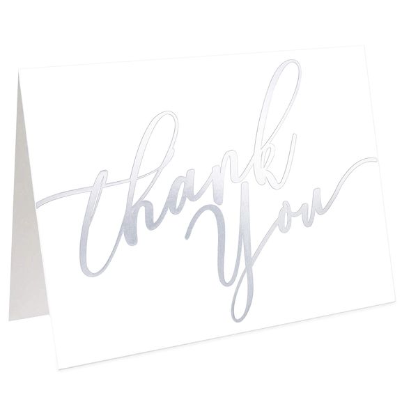 60 Pack Silver Thank You Cards -Elegant Greeting Cards With ‘’Thank you’’ Embossed In Silver Letters -Baby Shower, Bridal, Wedding Thank You Cards -Include 60 Envelope - 3.75'' x 5'' inch