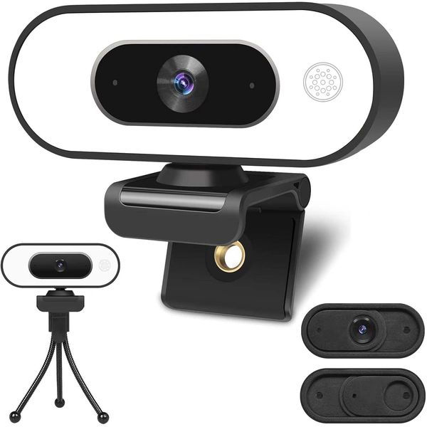 Webcam with Ring Light Microphone - Streaming Web Camera, 1080P Full HD Pro Camera for PC Mac Laptop Desktop, USB Computer Webcam with Privacy Cover and Tripod for Zoom Meeting Skype Teams Twitch