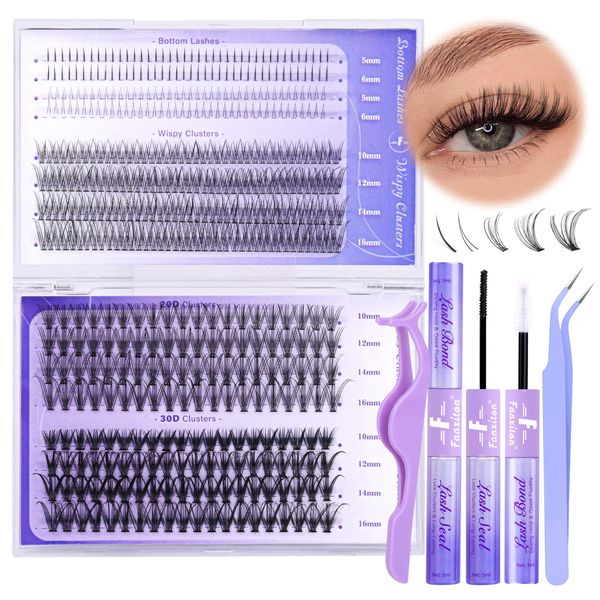 DIY Lash Extension Kit Natural Lash Clusters Wispy 30D+40D 484Pcs Lash Clusters Kit and Bottom Lashes with Lash Bond and Seal Waterproof Glue Lash Applicator D Curl Eyelash Extension Kit For Beginners