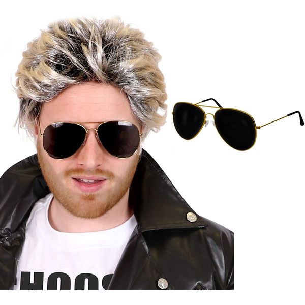 MENS 80S POP ICON WIG + AVIATOR SUNGLASSES - 1980S FANCY DRESS POP STAR WIG BLONDE BROWN FUNKY HAIRSTYLE WIG + AVIATOR SHADES - PACK OF 1