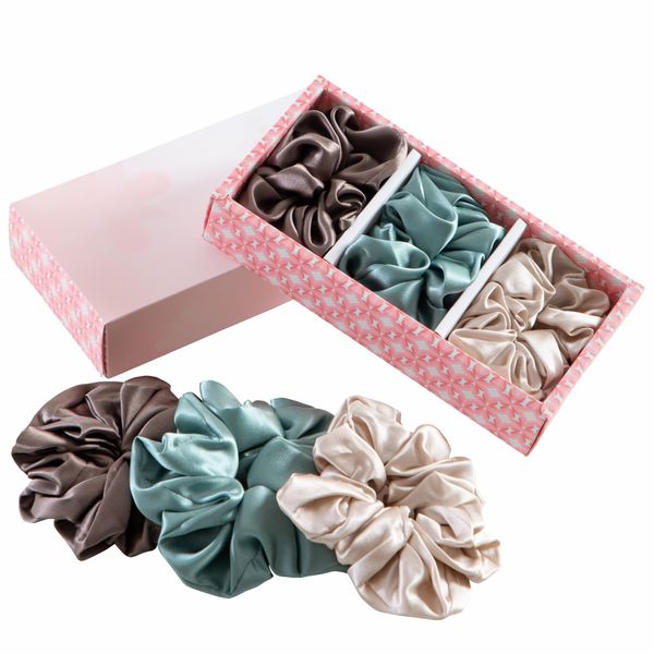 AFIRMLY Hair Scrunchies Mulberry Silk Gift, Set of 3 19Momme Mulberry Silk Hair Bands, Elegant Hair Care and Fashionable Match, Gifts to Women's Tenderness (Coffee, Teal, Grey, 5CM)