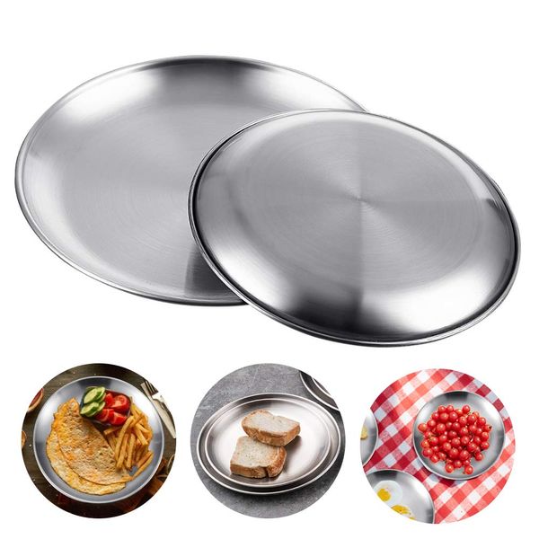 KBNIAN 2 Pcs Stainless Steel Round Dishes, 2 Sizes Round Round Serving Dinner Plates Pizza Platter Non-Toxic Steak Plates Camping Plates Serving Tray Set for Baking, Camping, Picnic (20cm / 23cm)