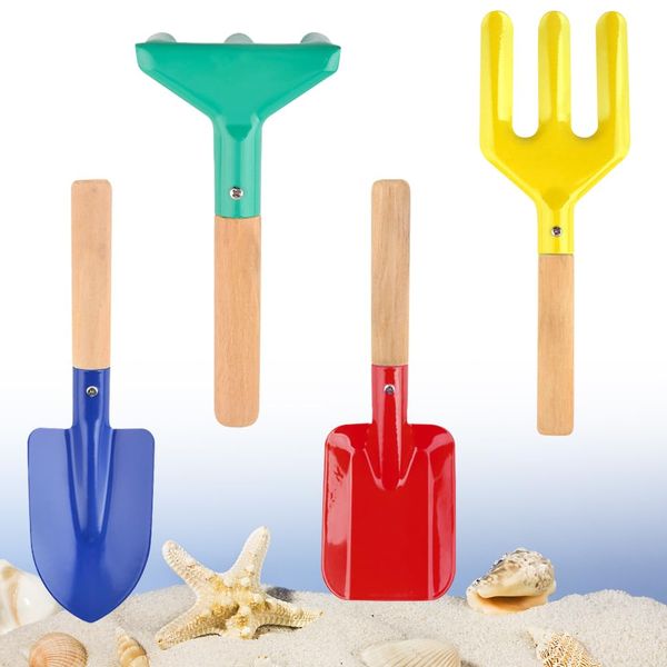 PLACHIDAY Beach Toys for Kids, 4 Pcs 8'' Sand Toys Set Metal Garden Tools with Sturdy Wooden Handle, Gardening Equipment Fork, Rake, Flat Shovel & Pointed Shovel