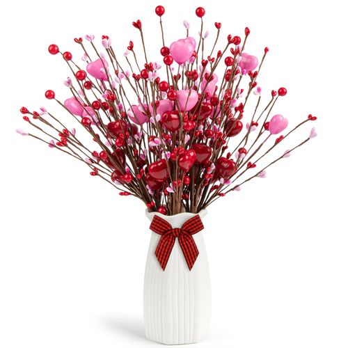 6 Pack Valentine’s Day Picks Artificial Berry Flower Stems Picks with Hearts for Valentines Day Decor and Gifts Wedding Anniversary Decorations(16inch Pink + Red)