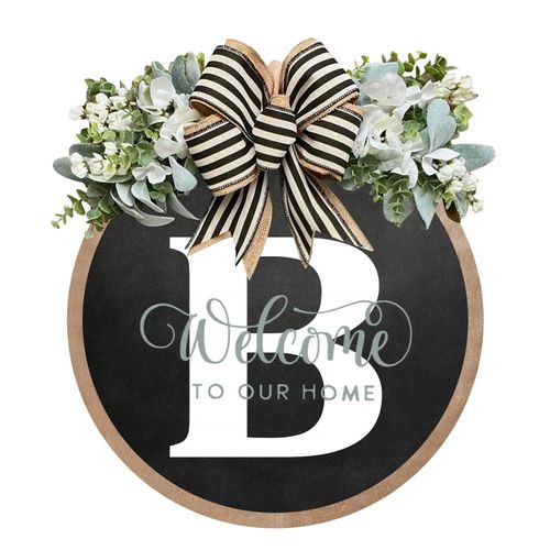 Last Name Welcome Sign for Front Door Porch Decor, Farmhouse Wreath Wall Decor Outside All Season, Φ30cm Round Wooden Hanging Housewarming Gift (B)
