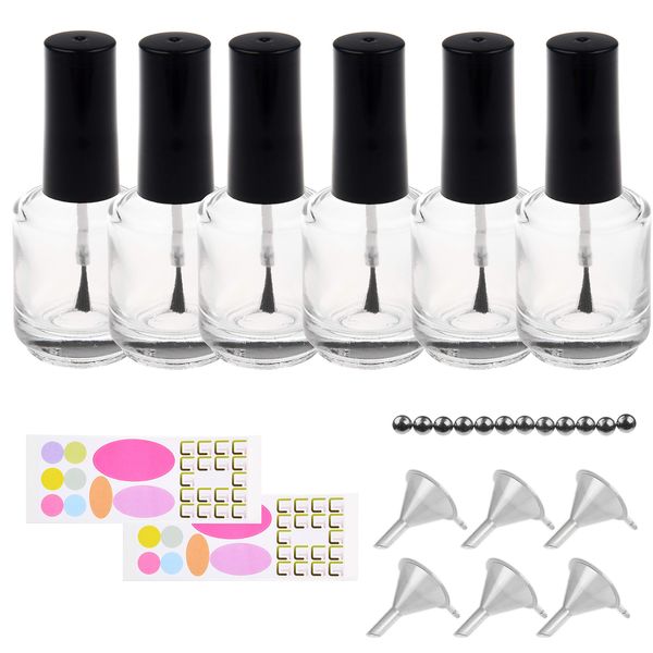 ECO-FUSED Transparent Clear Empty Nail Polish Bottles - with Dupont Brushes - Set of 6 - Also Includes 6x Plastic Funnels, 12x Mixing Balls and 20x Sticker Labels - Making your Own Nail Polish