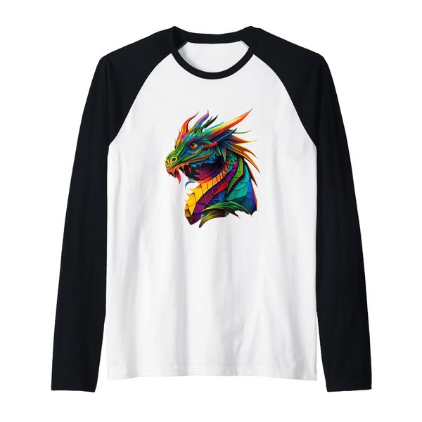 Chromatic Dragon in Rainbow Colours Raglan, black, S