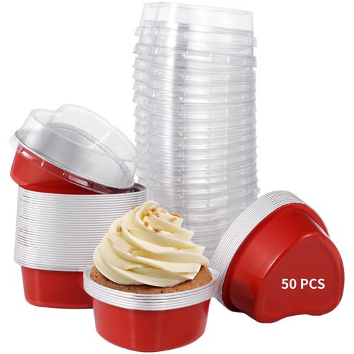 Tideme 50pcs Mini Cake Pans with Lids, Mini Pie Tins, Heart-shape Foil Pans with Lids, Tart Container for Individual Dessert Cupcake Muffin Cheesecake Ramekin Quiche Oven Dishes