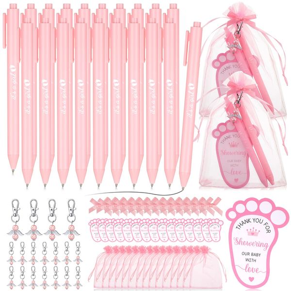 Ctosree 250 Pcs Baby Shower Favors Includes Baby Shower Ballpoint Pens Angel Keychains Organza Bags Thank You Cards for Guest Gifts Baby Shower Gender Reveal Party(Pink, It's a Girl)