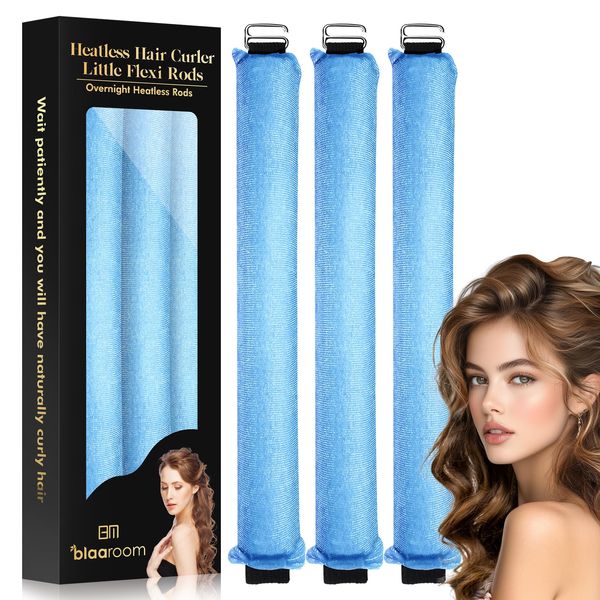 Overnight Heatless Hair Curler to Sleep in, Little Heatless Curls Satin Velvet Overnight Flexi Rods No Heat Overnight Sleeping Curling for Blowout Hair Styling Tools -3pcs Blue