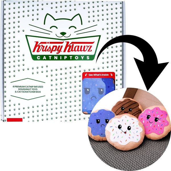 Krispy Klawz Donut Cat Toys - Cute Funny Cat for Cat Lovers, Cat Birthday Gift, Cat Presents - Includes 4 Donut Shaped Catnip Infused Plush Toys & Thick Cardboard Cat Scratch Pad