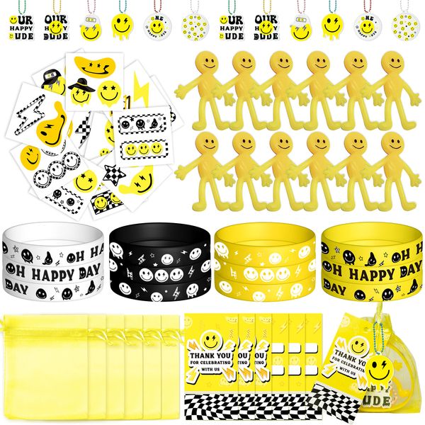 Wood Homing 72PCS One Happy Dude Birthday Party Favor for Kids Smile Face Theme Gifts Set Include Bracelet Tatto Thank You Card with Keychain and Organza One Happy Dude Party Classroom School Supplies