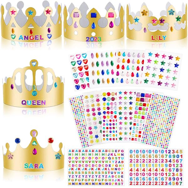 ZYNERY 25 Pieces Paper Crowns Gold Paper Party Hats with 6 Sheets Rhinestone Stickers and 6 Sheets Number Letter Stickers, Jubilee Hats Crowns for Adults DIY Paper Crowns for Kids Birthday Party