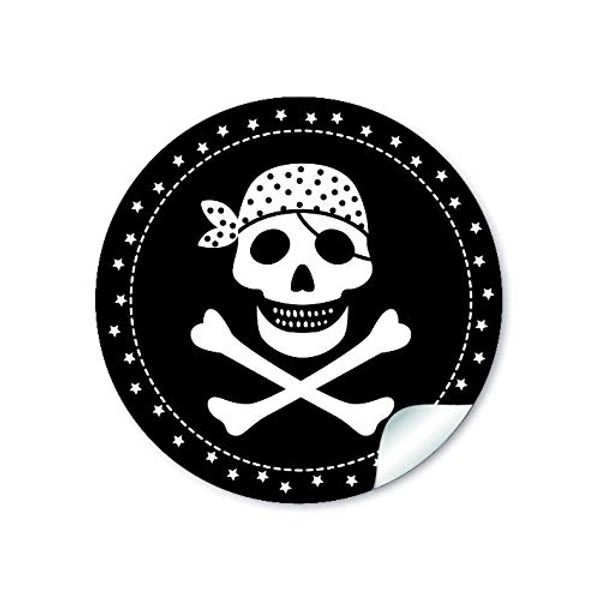 24 STICKER: 24 Geschenkaufkleber PIRAT mit Totenkopf (A4 Bogen) in Schwarz Kindergeburtstag für ein Junge • Papieraufkleber/Sticker/Aufkleber/Etiketten (Format 4 cm, rund, matt)