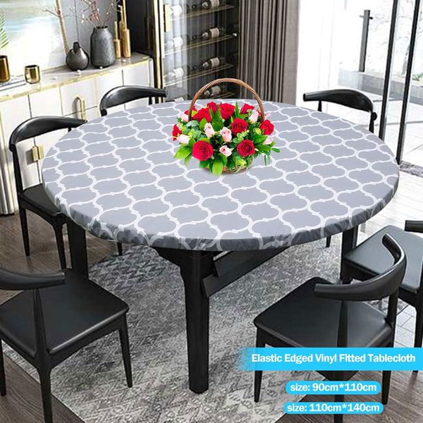 Waterproof Round Tablecloth, Elastic Edged Fitted Flannel Backed Table Cover Stain Resistant Oil-proof PVC Table Protector Cover for Dinning Room Kitchen Picnic Party (Grey Stripe, 90-110cm)