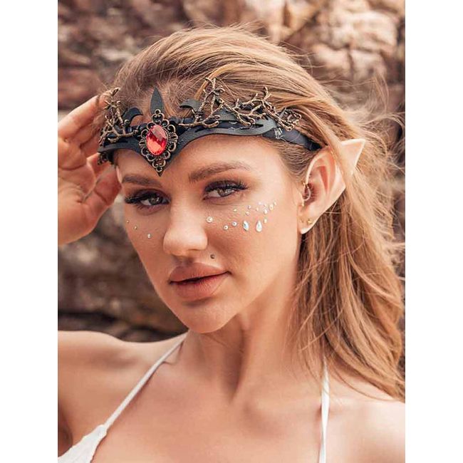 Unicra Rhinestone Headband with Elf Ears Gothic Queen Crown Leather Headpiece Medieval Vampire Cosplay Halloween Costume Party Hair Accessories for Women and Girls