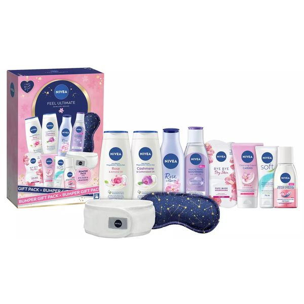 Nivea Feel Ultimate Skincare Regime Bumper Gift Set Pack 11PC Includes 2x Shower Cream,Micellar Water, Face Mask,Cleansing Cream, Soft Cream, Rose Body Lotion, Make-Up Remover, headband and eye mask.