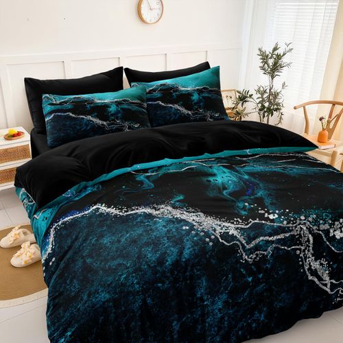 Black Marble Comforter Queen Turquoise Blue Bedding Set 3 Pcs Marble Stone Natural Theme Artwork Abstract Comforter Sets Super Soft Cozy Black Bed in A Bag with Comforter and Sheet Set