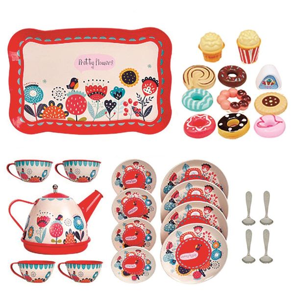 xwin sportseries 30 Pcs kids Tin Tea Set Party with Dessert candy muffin Toys Including Cups & Plates, Metal Teapot, Washable Dishes, Safe Material, For Little Girls Enhance Child Skills