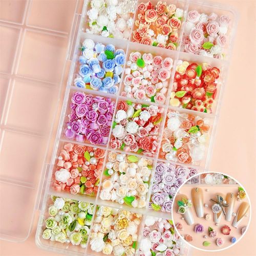 DUOLEIMI Nail Parts Flower Ribbon Nail Art Deco Parts Pearl Rhinestone Nail Decoration 3D Jewelry Parts Resin Parts Spring Accessory Parts DIY Deco Material Craft Handmade Rose (A7-15 Compartments -