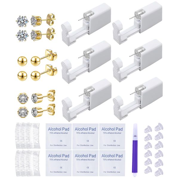 VitaCool 37 Pcs Ear Piercing Kit Disposable Ear Piercing Gun Kit with Sterile Multi-Sized CZ Earring Studs Easy and Safe Earring Self Piercing Kit for Your Own Use at Home (3Mix-3mm-Gold-)