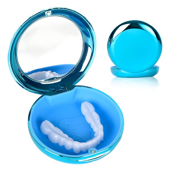 DIDATOOL Electroplated Denture Case with Mirror, Portable Retainer Case Compatible with Transparent Braces, Mouth guard, Orthodontic Retainers, Braces Box Organize and Protect Oral Supplies (Blue)