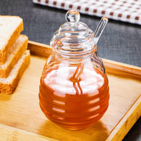 MINGZE Honey Jar Pot, with Dipper and Lid Cover, Transparent, by High Borosilicate Glass for Home Kitchen, 250 ml