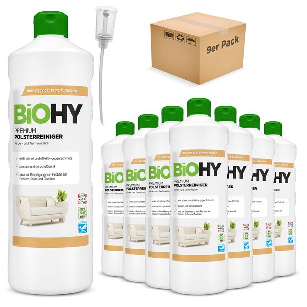BiOHY Premium Polsterreiniger (9 x 1 Liter) + Dosierer | Bio Konzentrat für Polstermöbel, Sofas, Teppiche & Textilien | für Nasssauger & andere Geräte geeignet | geruchslösender Fleckentferner