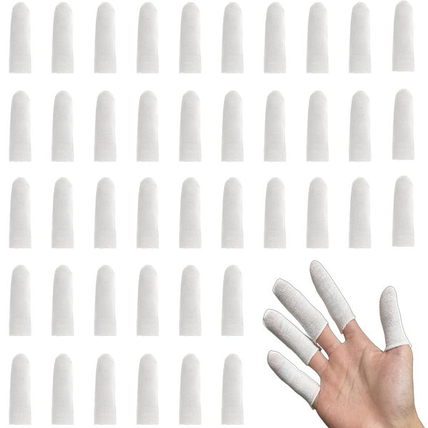 100 Pieces Cotton Finger Cots, White Breathable Cotton Finger Protective Cover, Elastic Fingertip Gloves Thumb Bandages Tubular Gauze, for Finger Tips, Wounds Care, Cargo Handling, Gardening Work