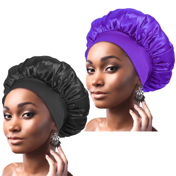 CAMOT 2Pcs Satin Bonnets for Sleeping, Silk Hair Bonnet for Women, Soft Silk Hair Wrap with Elastic Wide Band, Satin Sleep Cap for Curly Hair(Black+Purple)