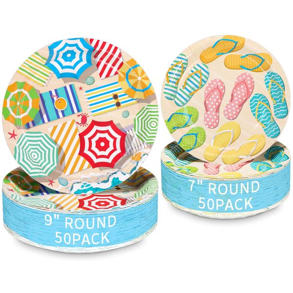 DYLIVeS Summer Beach Party Plates, 100 Pack Hawaiian Beach Umbrella Paper Dinner Plates Flip Flops Dessert Plates Disposable Summer Pool Birthday Party Decorations Tropical Baby Shower Party Supplies