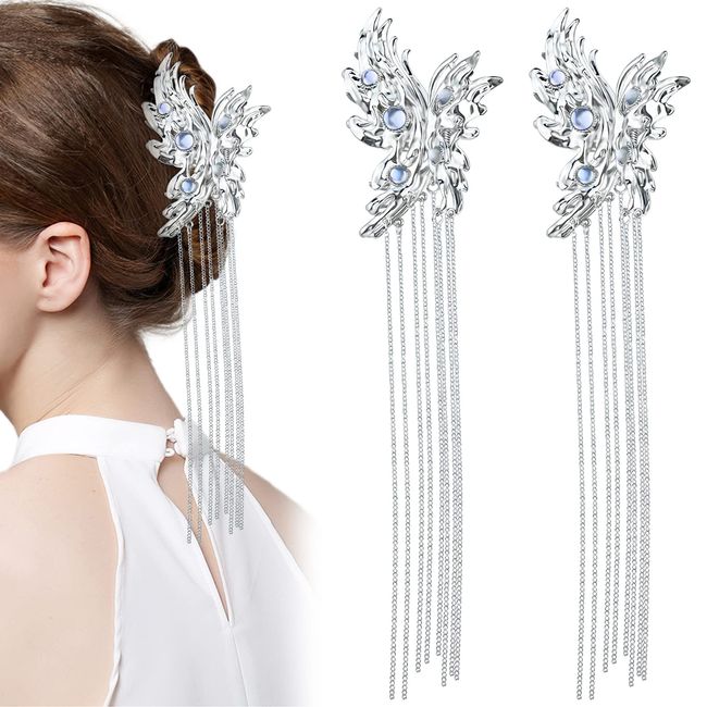 2 Pcs Silver Butterfly Tassel Hair Claw Clips Vintage Crystal Claws Non-Slip Hair Clamps Alloy Fancy Hair Claw Jaw Clips Hair Updo Grip Hair Accessories for Women Girls