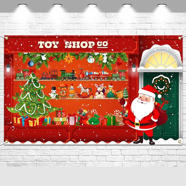 Avezano Christmas Photography Backdrop Banner Santa's Toy Shop Background Toy Store Santa Workshop Party Decoration Xmas Party Holiday Party Supplies 70.8x43.3