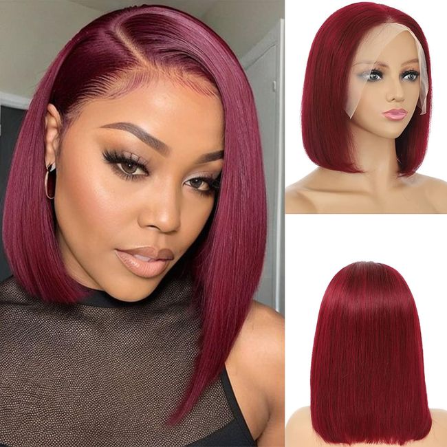 Keytac Burgundy Bob Wig Human Hair 13x4 150 Density 99j Bob Lace Front Wig Human Hair for Black Women Pre Plucked Glueless Bob Wig Human Hair Short Straight Brazilian Virgin Human Hair Wig(12 Inch)